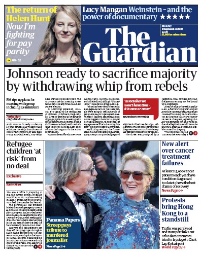 The Guardian Newspaper Front Page (UK) for 2 September 2019
