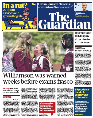 The Guardian Newspaper Front Page (UK) for 2 September 2020