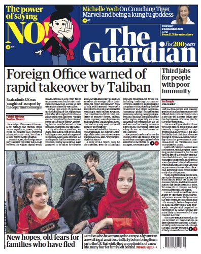 The Guardian Newspaper Front Page (UK) for 2 September 2021