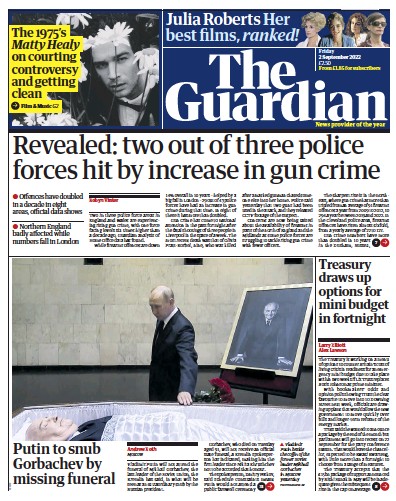 The Guardian Newspaper Front Page (UK) for 2 September 2022