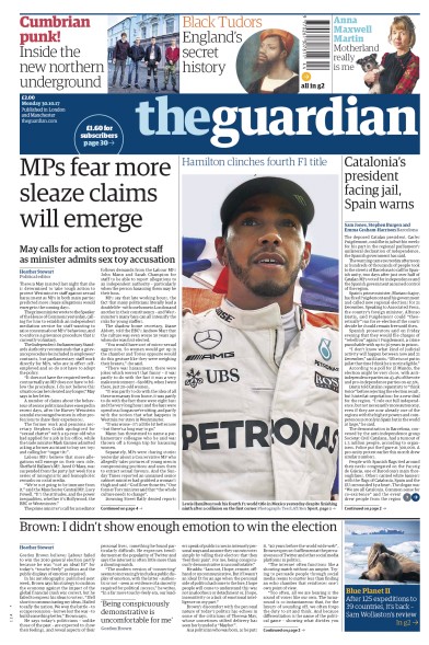 The Guardian Newspaper Front Page (UK) for 30 October 2017