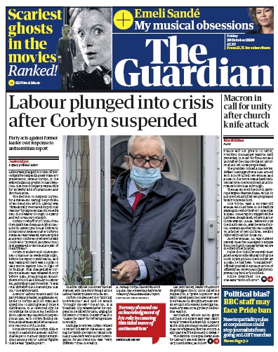 The Guardian Newspaper Front Page (UK) for 30 October 2020