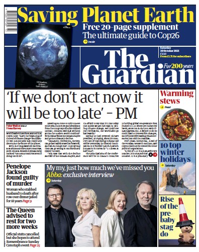 The Guardian Newspaper Front Page (UK) for 30 October 2021