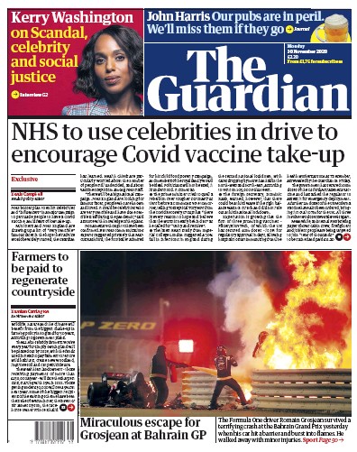 The Guardian Newspaper Front Page (UK) for 30 November 2020