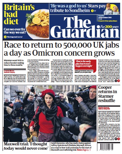 The Guardian Newspaper Front Page (UK) for 30 November 2021