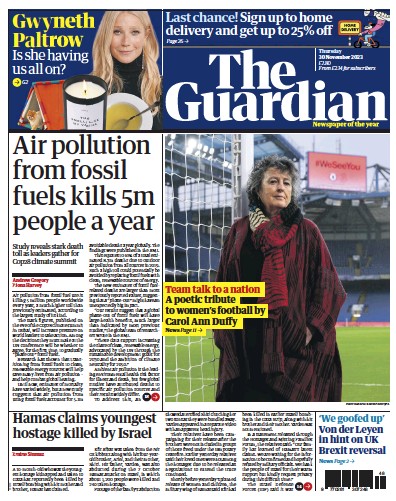 The Guardian Newspaper Front Page (UK) for 30 November 2023
