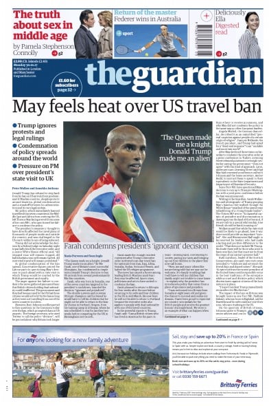 The Guardian Newspaper Front Page (UK) for 30 January 2017