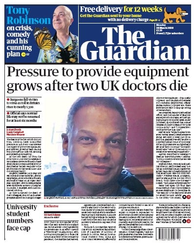 The Guardian Newspaper Front Page (UK) for 30 March 2020