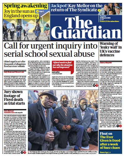 The Guardian Newspaper Front Page (UK) for 30 March 2021