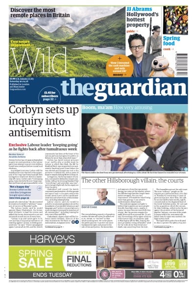 The Guardian Newspaper Front Page (UK) for 30 April 2016