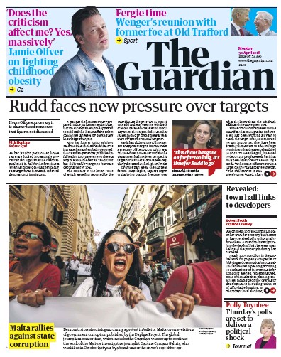 The Guardian Newspaper Front Page (UK) for 30 April 2018