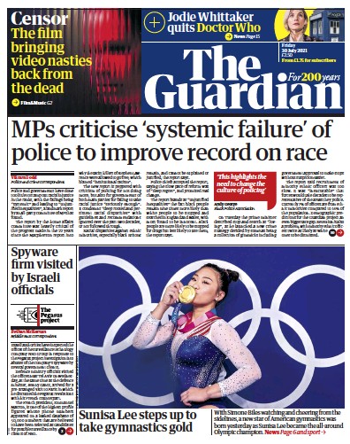 The Guardian Newspaper Front Page (UK) for 30 July 2021