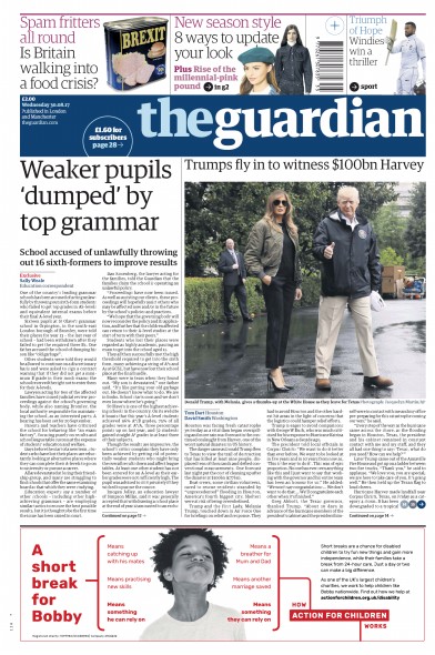 The Guardian Newspaper Front Page (UK) for 30 August 2017