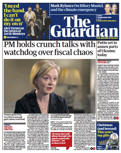 The Guardian Newspaper Front Page (UK) for 30 September 2022