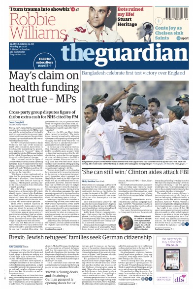 The Guardian Newspaper Front Page (UK) for 31 October 2016