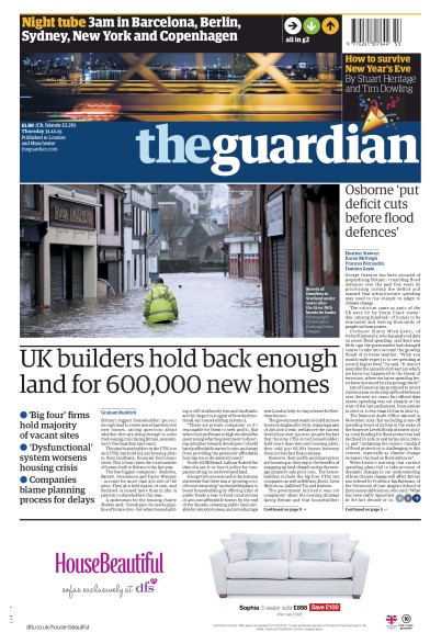 The Guardian Newspaper Front Page (UK) for 31 December 2015