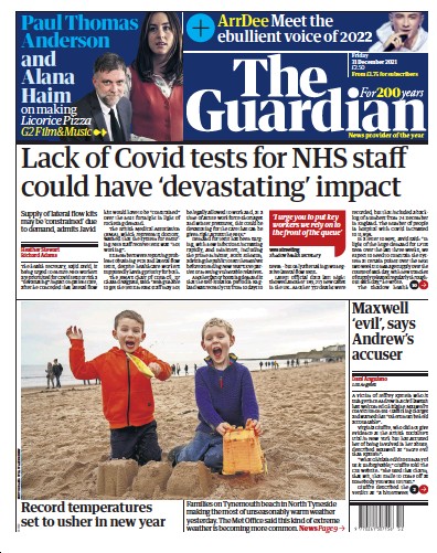 The Guardian Newspaper Front Page (UK) for 31 December 2021