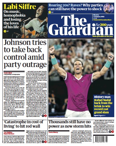 The Guardian Newspaper Front Page (UK) for 31 January 2022