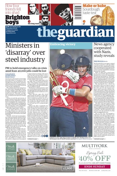 The Guardian Newspaper Front Page (UK) for 31 March 2016