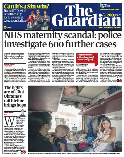 The Guardian Newspaper Front Page (UK) for 31 March 2022