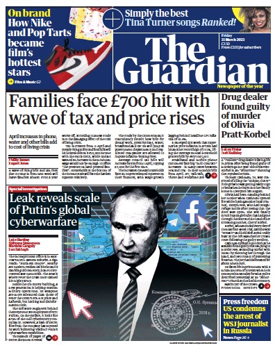The Guardian Newspaper Front Page (UK) for 31 March 2023
