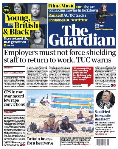 The Guardian Newspaper Front Page (UK) for 31 July 2020