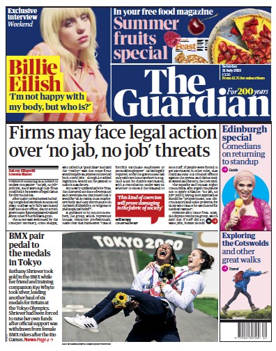The Guardian Newspaper Front Page (UK) for 31 July 2021