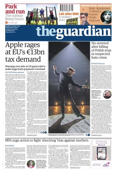 The Guardian Newspaper Front Page (UK) for 31 August 2016