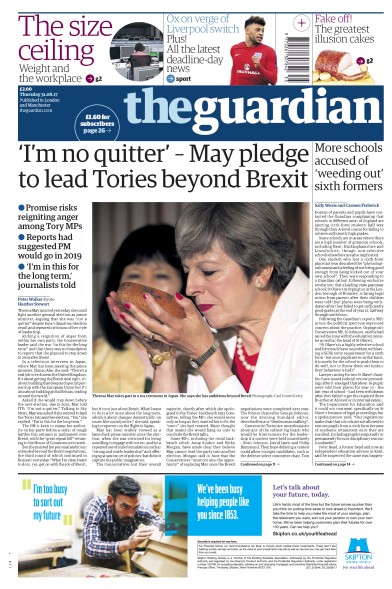 The Guardian Newspaper Front Page (UK) for 31 August 2017