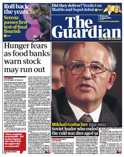 The Guardian Newspaper Front Page (UK) for 31 August 2022
