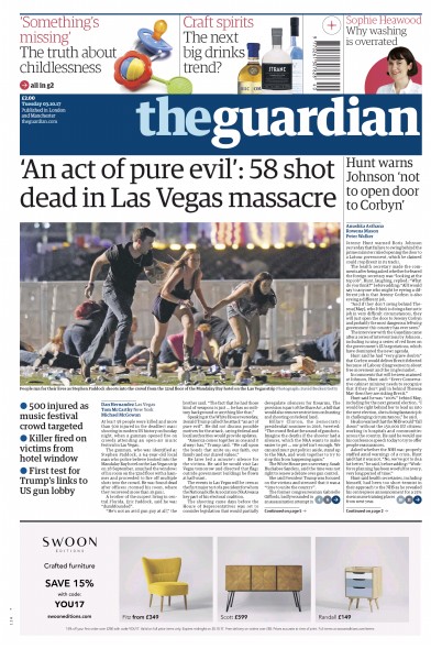 The Guardian Newspaper Front Page (UK) for 3 October 2017