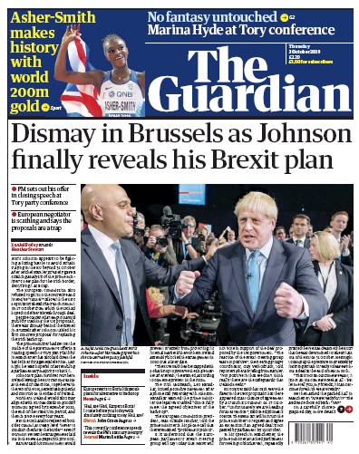 The Guardian Newspaper Front Page (UK) for 3 October 2019