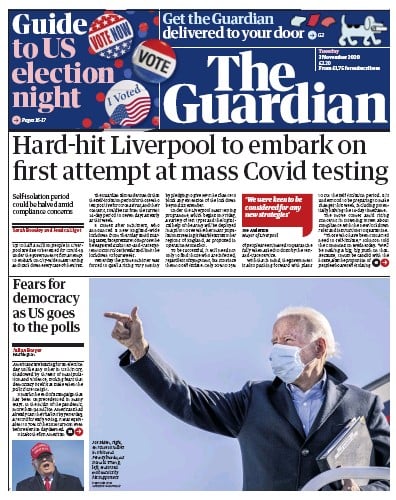 The Guardian Newspaper Front Page (UK) for 3 November 2020