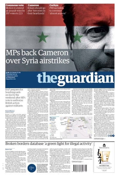 The Guardian Newspaper Front Page (UK) for 3 December 2015