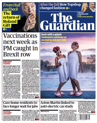 The Guardian Newspaper Front Page (UK) for 3 December 2020