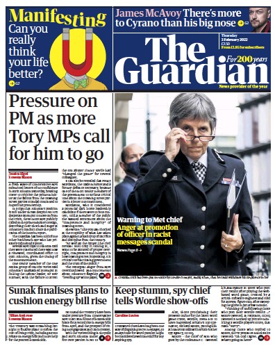 The Guardian Newspaper Front Page (UK) for 3 February 2022