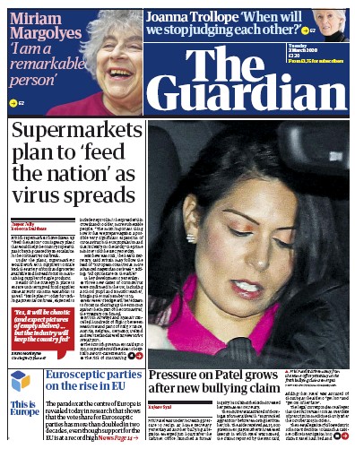 The Guardian Newspaper Front Page (UK) for 3 March 2020