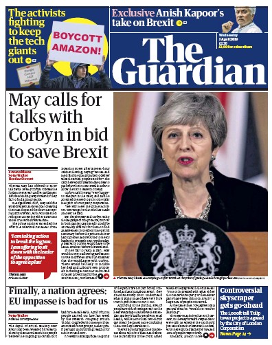 The Guardian Newspaper Front Page (UK) for 3 April 2019