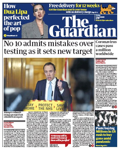 The Guardian Newspaper Front Page (UK) for 3 April 2020