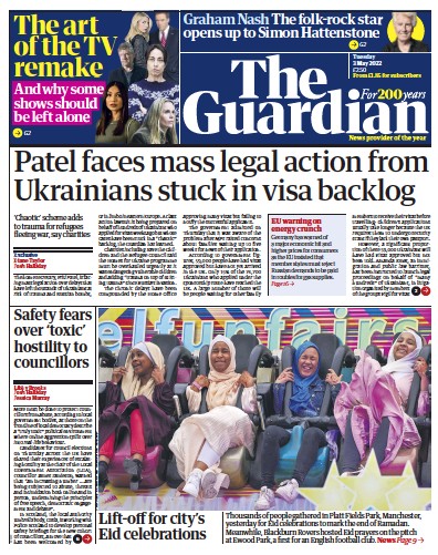 The Guardian Newspaper Front Page (UK) for 3 May 2022