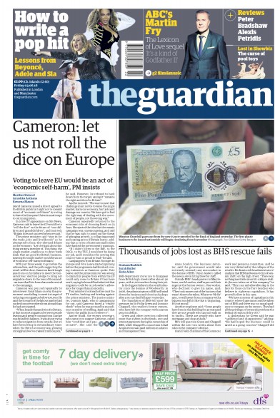 The Guardian Newspaper Front Page (UK) for 3 June 2016