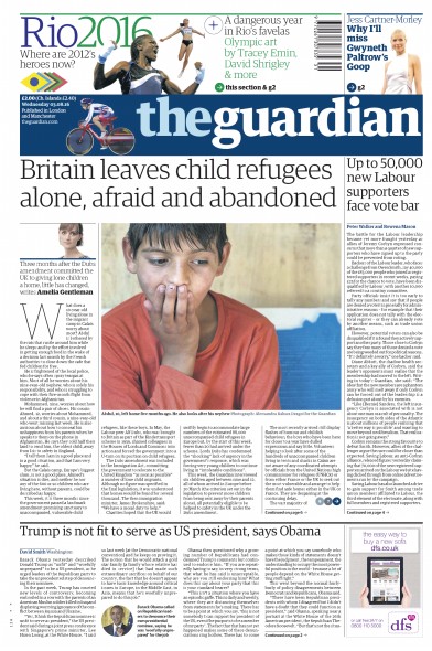 The Guardian Newspaper Front Page (UK) for 3 August 2016