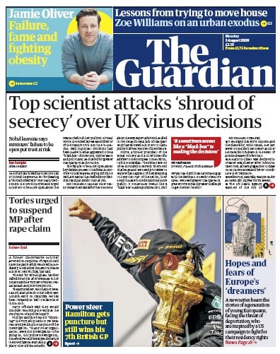 The Guardian Newspaper Front Page (UK) for 3 August 2020