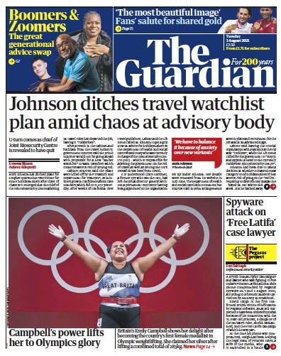 The Guardian Newspaper Front Page (UK) for 3 August 2021