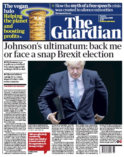 The Guardian Newspaper Front Page (UK) for 3 September 2019