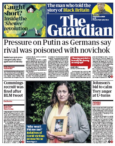 The Guardian Newspaper Front Page (UK) for 3 September 2020