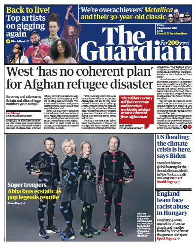 The Guardian Newspaper Front Page (UK) for 3 September 2021