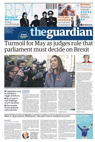 The Guardian Newspaper Front Page (UK) for 4 November 2016
