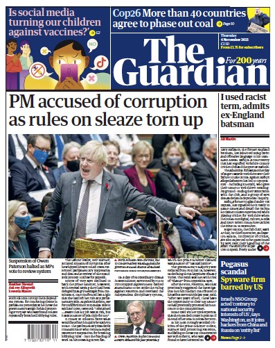 The Guardian Newspaper Front Page (UK) for 4 November 2021