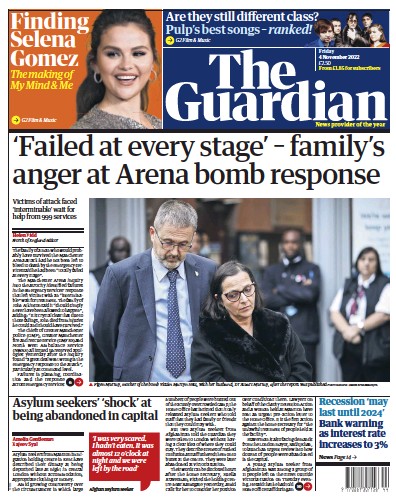 The Guardian Newspaper Front Page (UK) for 4 November 2022